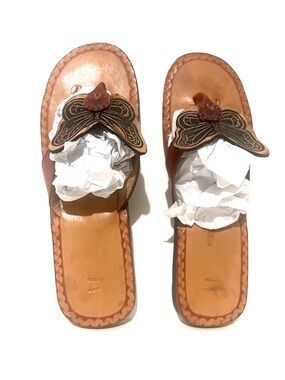 Handmade Mexican Tooled Leather Butterfly Slide Sandals - Women